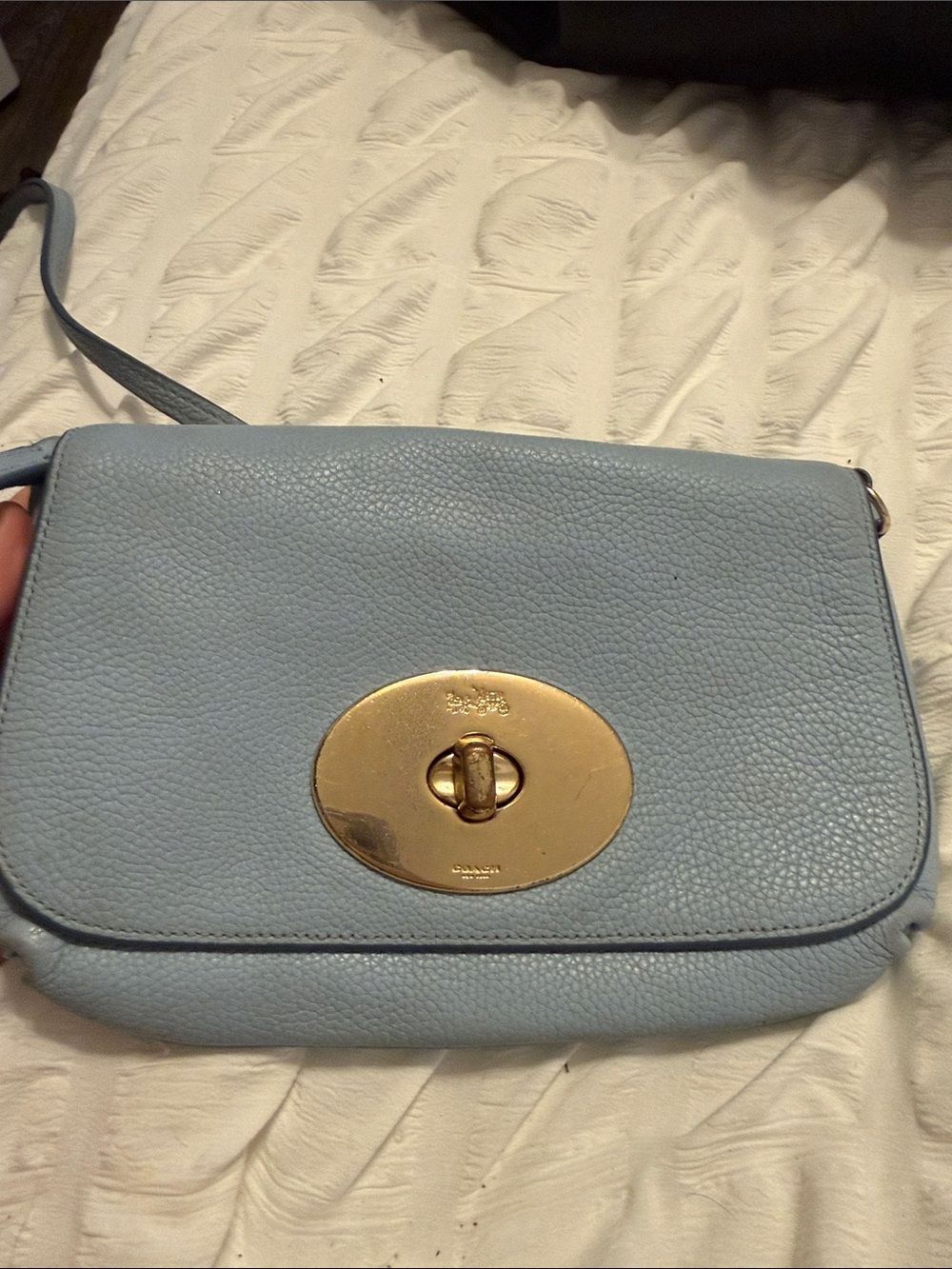 Coach Light Blue Pebbled Leather Crossbody with Gold Turn-Lock